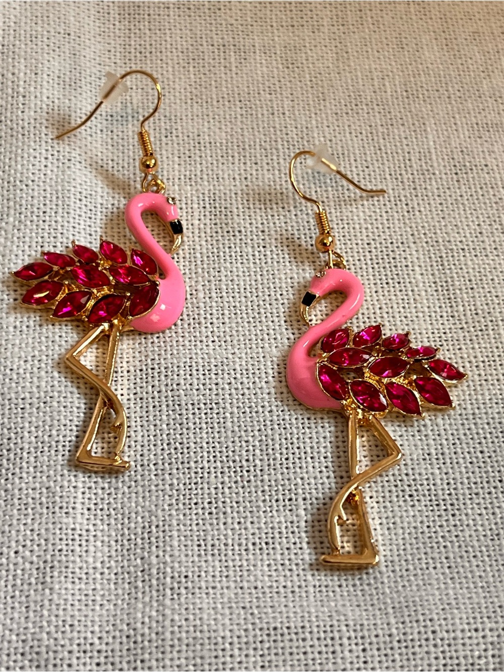 Gold-Tone Pink Flamingo Drop Earrings with Fuchsia Crystal Wings